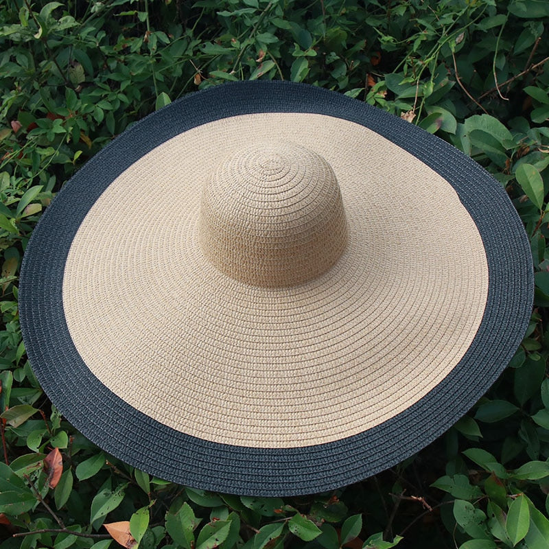 25CM Wide Brim Oversized Beach Hats For Women Large Straw Hat UV Protection Foldable Sun Shade Hat camel black