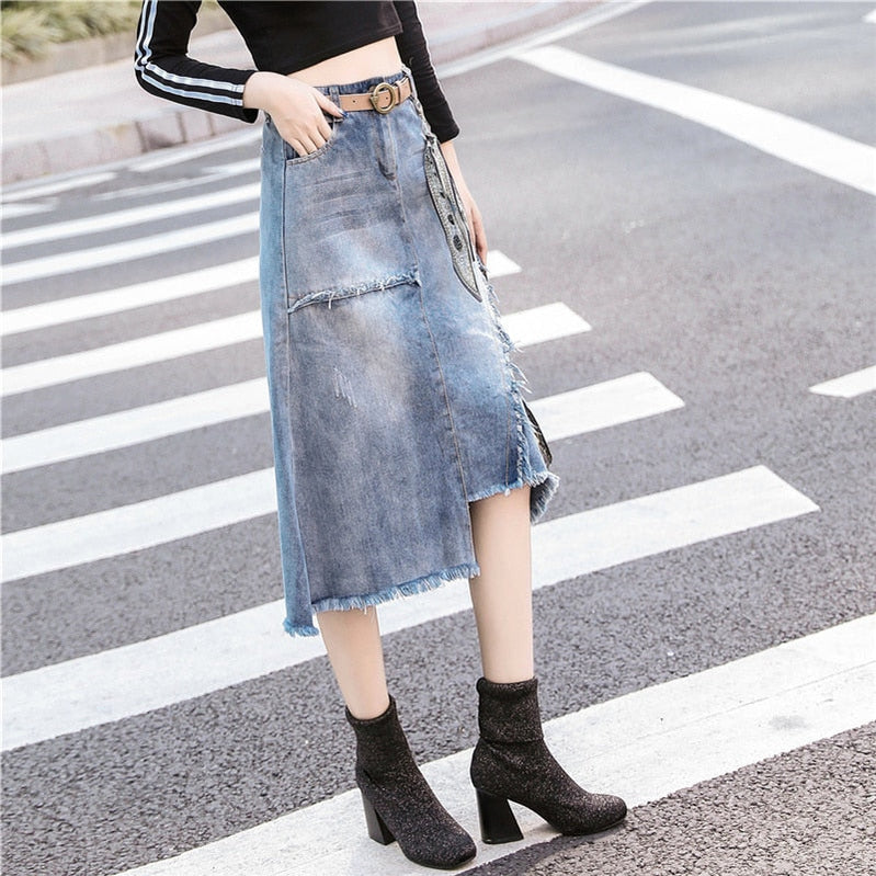 S-5XL Women Denim Skirt Spring Summer 2023 Fashion Casual Medium-long Package hip Irregular hem Slim Waist Skirts Jeans Female