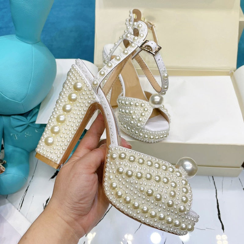 Pearl Platform Sandals Women Open Toe Rhinestone Diamond Square High Heels Shoes Woman Sexy Wedding Shoes