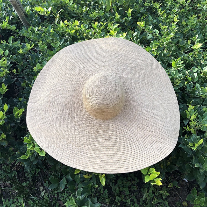 25CM Wide Brim Oversized Beach Hats For Women Large Straw Hat UV Protection Foldable Sun Shade Hat beige