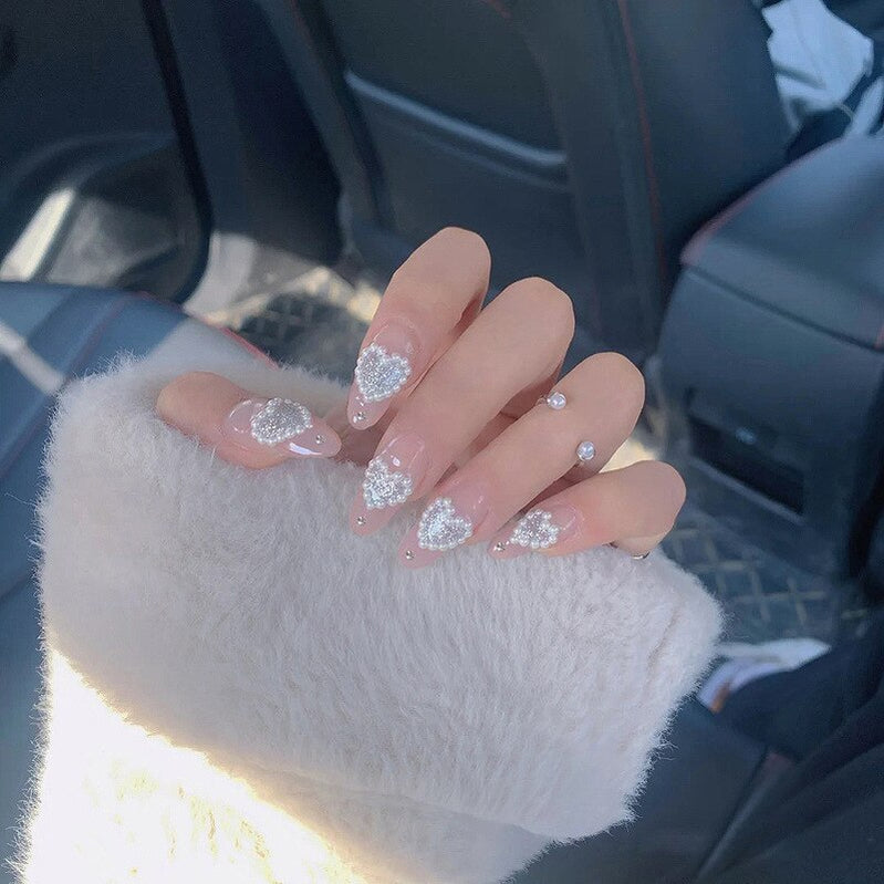 24pcs False Nails Floral Beads Decorated Artificial Nail Tips Bride Reusable Fingernails Fake Nail Press On Nail накладные ногти