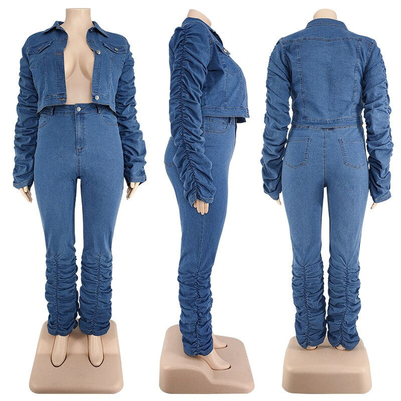 Denim Plus Size Sets Women 2 Piece Set Puff Long Sleeve Jacket Stretch Stacked Jeans Fall Winter Clothes