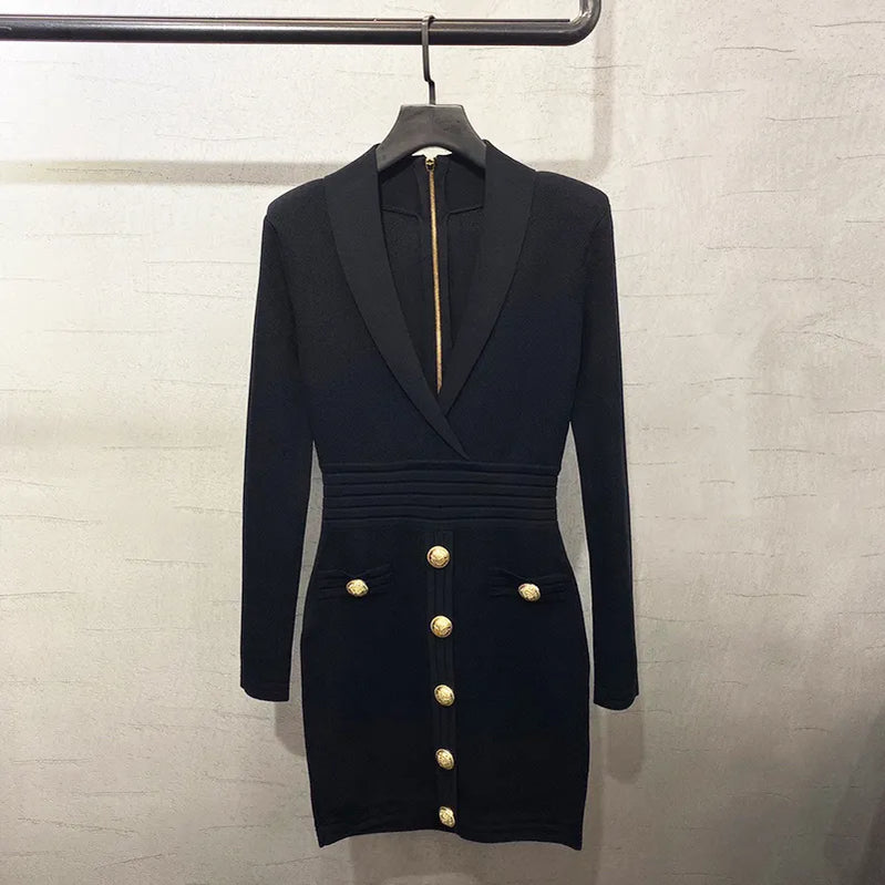 Fall Winter Designer Dress Women's Long Sleeve Notched Collar Knit Dress Black