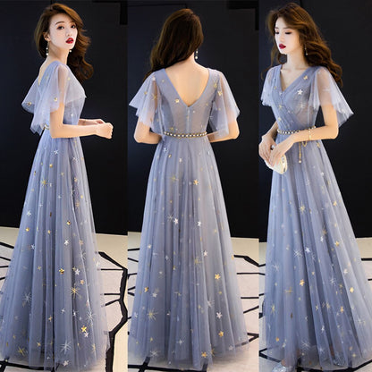 Duble V-neck Homecoming Dress Haze Blue Ruffles Sleeve Stars Sequins Tulle Long Prom Robe A-line Elegant  Formal Party Dress