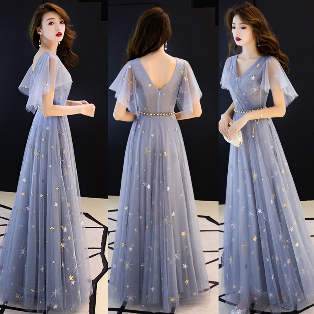 Duble V-neck Homecoming Dress Haze Blue Ruffles Sleeve Stars Sequins Tulle Long Prom Robe A-line Elegant Formal Party Dress