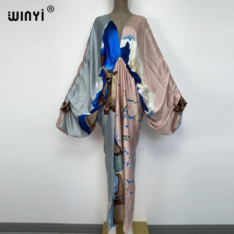 Sexy bech hand-rolled feel silk rayon fashion print Maxi Women's robes long beach V-neck Bohemian dress 7 One Size