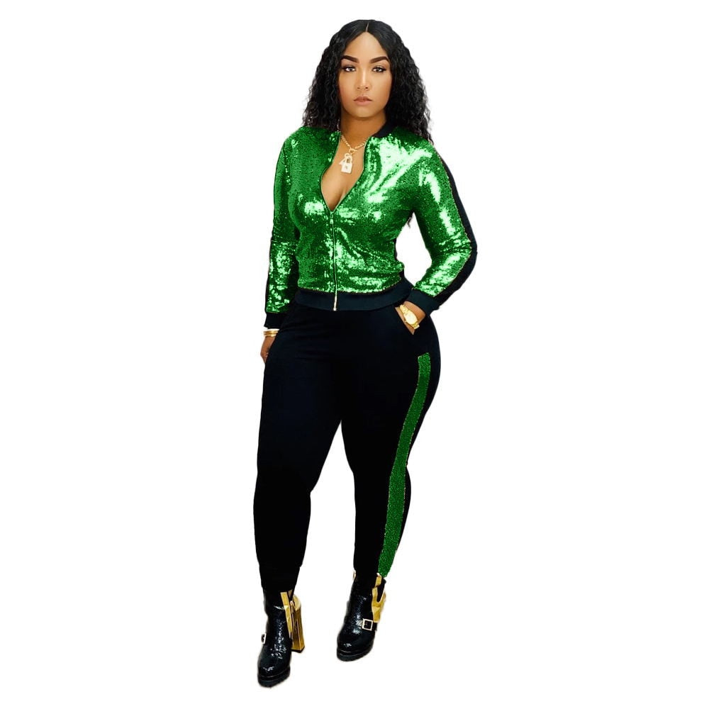 Autumn Winter Sequin 2 Piece Set Women Tracksuit Long Sleeve Jacket Top Pants Suit Streetwear Sparkly Matching Sets Club Outfits Green