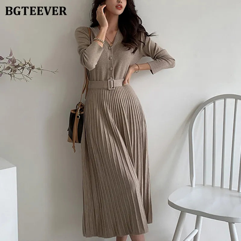 Elegant V-neck Single-breasted Women Thicken Sweater Dress 2021 Autumn Winter Knitted Belted Female A-line soft dresses