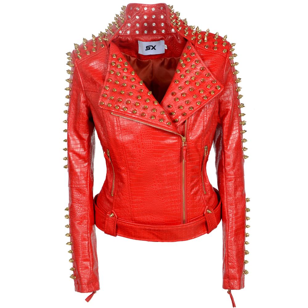 SX Occident Fashion women Club hot style Stud slim fit jacket shoulder rivets zip stitching short PU leather rock coat Red