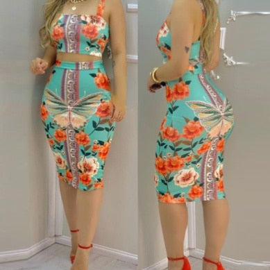 Women's fashion elegant blue butterfly floral vest printed skirt