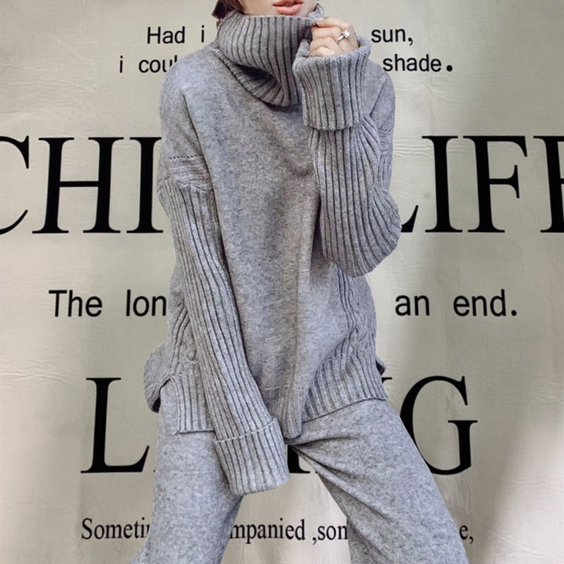 Sweater Set Women Tracksuit Spring Autumn Knitted Suits 2 Piece Set Warm Turtleneck Sweater Pullovers Wide Legs Pants Gray