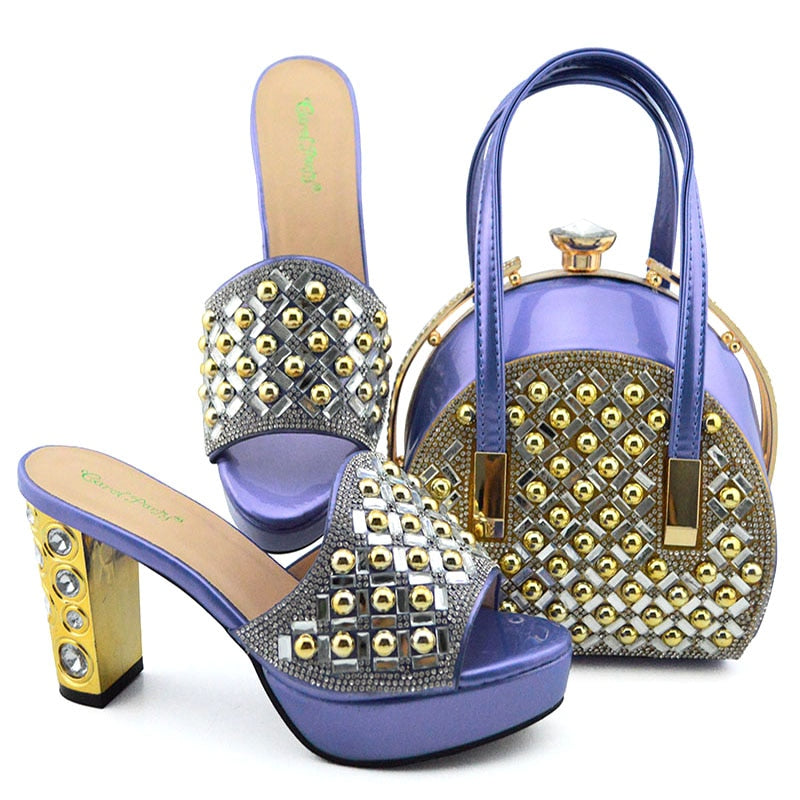 Summer New Coming Italian design Teal Color Shoes And Bag To Match Set Nigerian High Heels Party with Mature style Violet