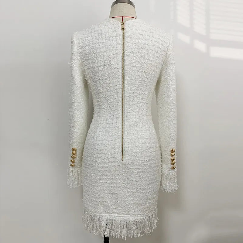 Fall Winter Newest Designer Dress Women's V-neck Long Sleeve Lion Buttons Tassel Fringed Tweed Dress