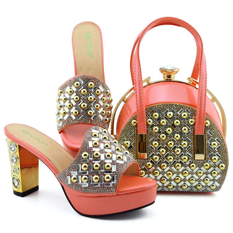 Summer New Coming Italian design Teal Color Shoes And Bag To Match Set Nigerian High Heels Party with Mature style Pink