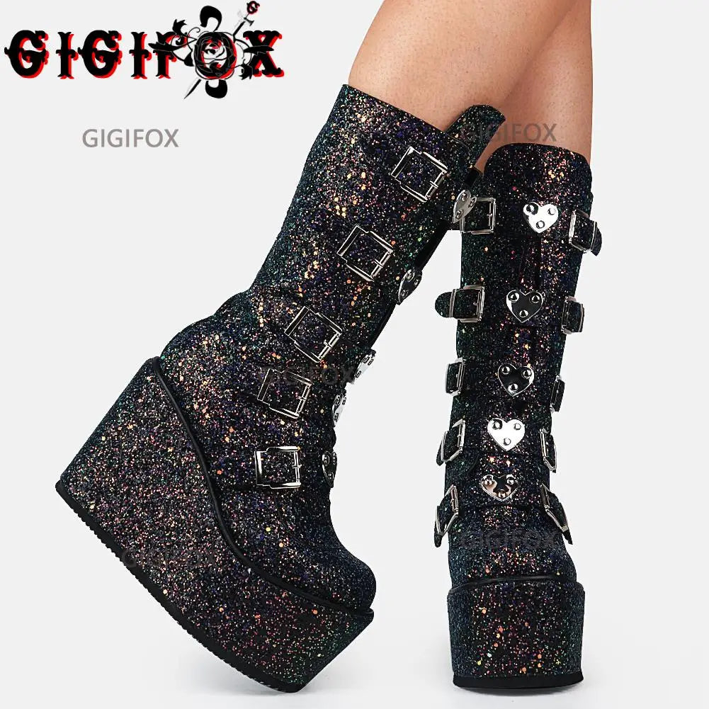 GIGIFOX Brand New Big Size 43 Black Pink Goth Cool Punk Motorcycle Boots Platform Wedges High Heels Chunky Boots Women Shoes Black