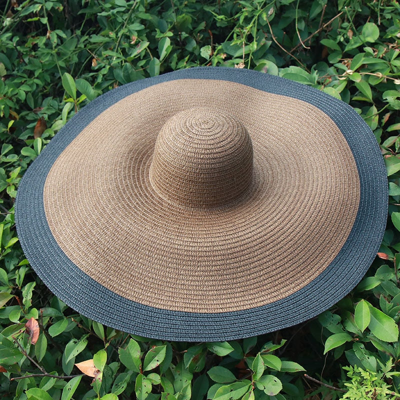 25CM Wide Brim Oversized Beach Hats For Women Large Straw Hat UV Protection Foldable Sun Shade Hat coffee black