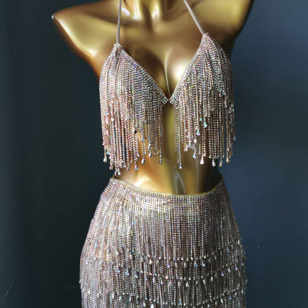 Rhinestone Tassels Women Skirt High-End Customized Diamond Evening Dress Manual Stitched Crystal Party Bikini Set
