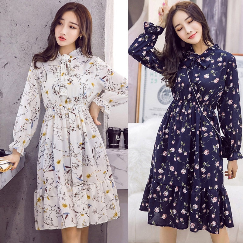 Plus Size Women's Clothing Long Sleeve Chiffon Shirt Dresses For Women Red Bow Floral Club Party Autumn Winter платье Woman