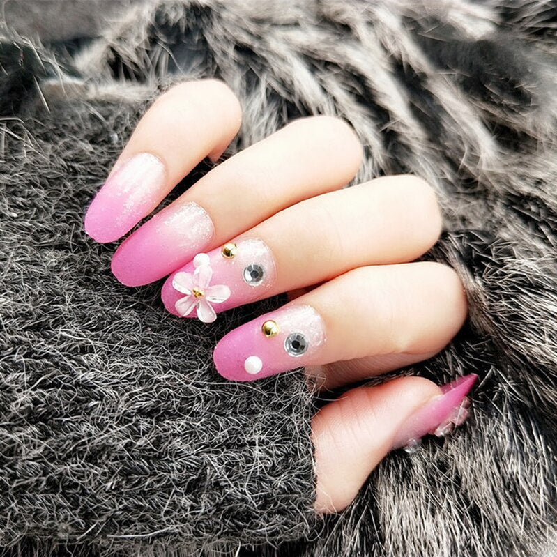 24pcs False Nails Floral Beads Decorated Artificial Nail Tips Bride Reusable Fingernails Fake Nail Press On Nail накладные ногти 13