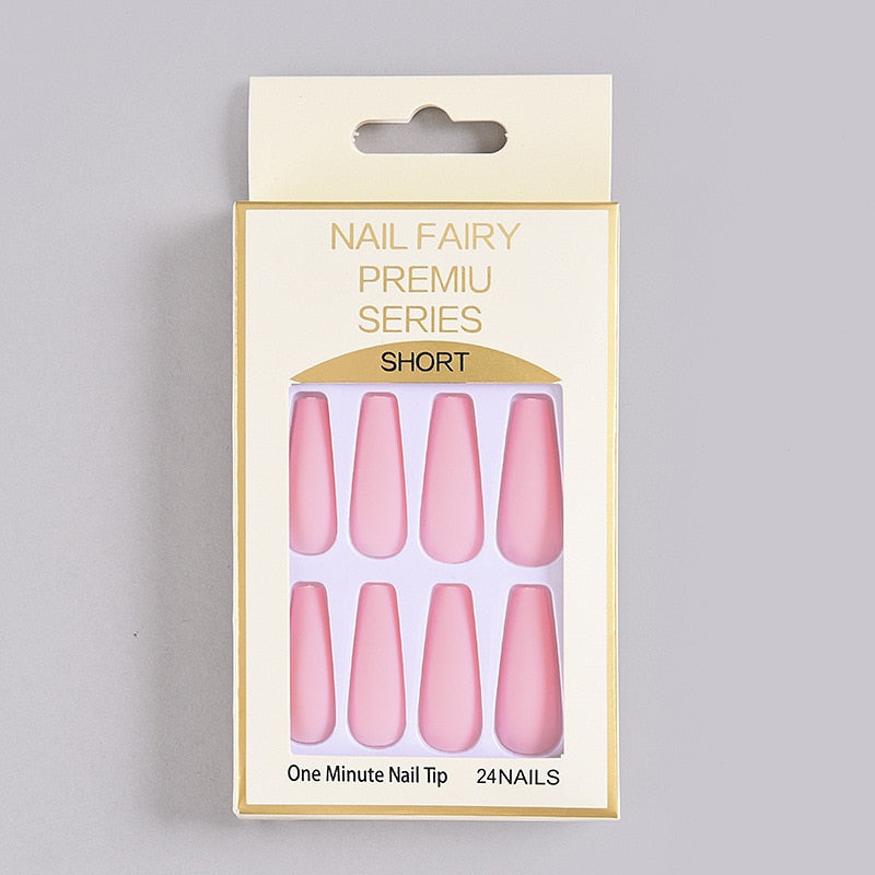 24Pcs/Box Matte Frosted False Nails Detachable Fake Nail Press On Full Cover Nail Tips With Glue Ballet Artificial Fingernails HZ-BL-A16