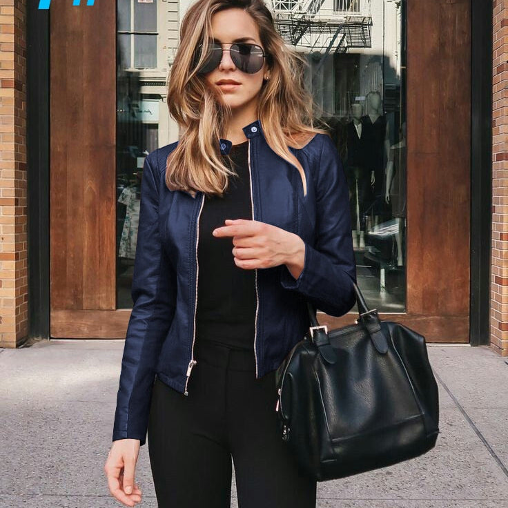 Women Bike Coat PU Leather Outwear Zipper Outfit Spring Autumn WomeFashion Short Thin Female Jacket 7