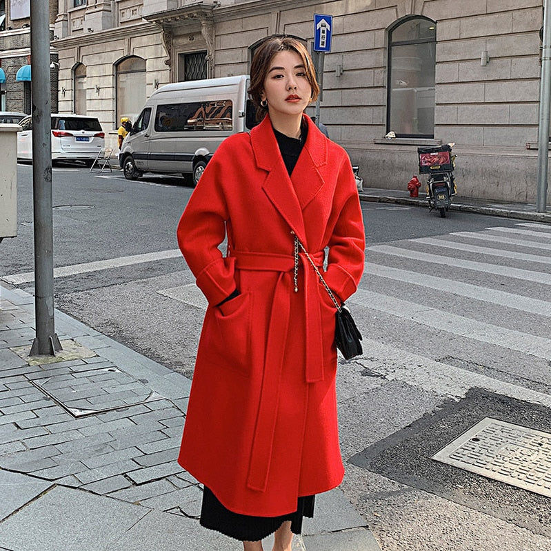 Classic Model 100% Real Wool Long Warp Overcoat Belt Turn-down Collar Dense Fabric Narrow Notch Lapel Coat Women Fall Winter Red