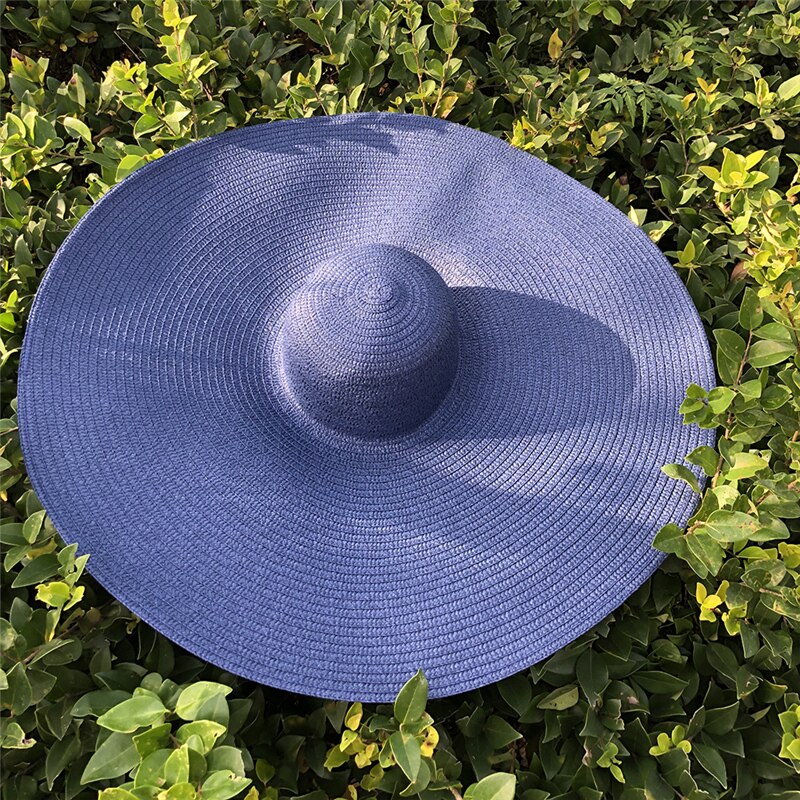 25CM Wide Brim Oversized Beach Hats For Women Large Straw Hat UV Protection Foldable Sun Shade Hat navy blue