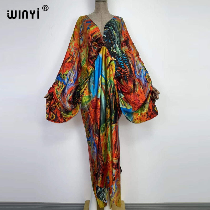 Sexy bech hand-rolled feel silk rayon fashion print Maxi Women's robes long beach V-neck Bohemian dress 11 One Size