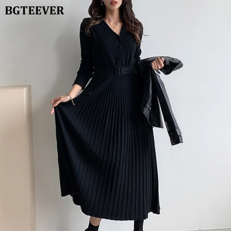 Elegant V-neck Single-breasted Women Thicken Sweater Dress 2021 Autumn Winter Knitted Belted Female A-line soft dresses black One Size