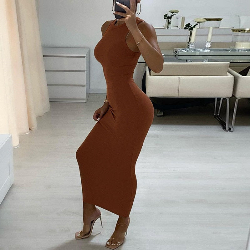 CNYISHE Ribbed Knitted Autumn Black Maxi Dress Women 2021 Sexy Party Bodycon Long Dress Round Neck Tight Dresses Robes Sundress Brown