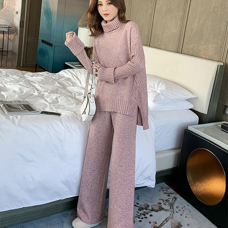 Sweater Set Women Tracksuit Spring Autumn Knitted Suits 2 Piece Set Warm Turtleneck Sweater Pullovers Wide Legs Pants Pink purple
