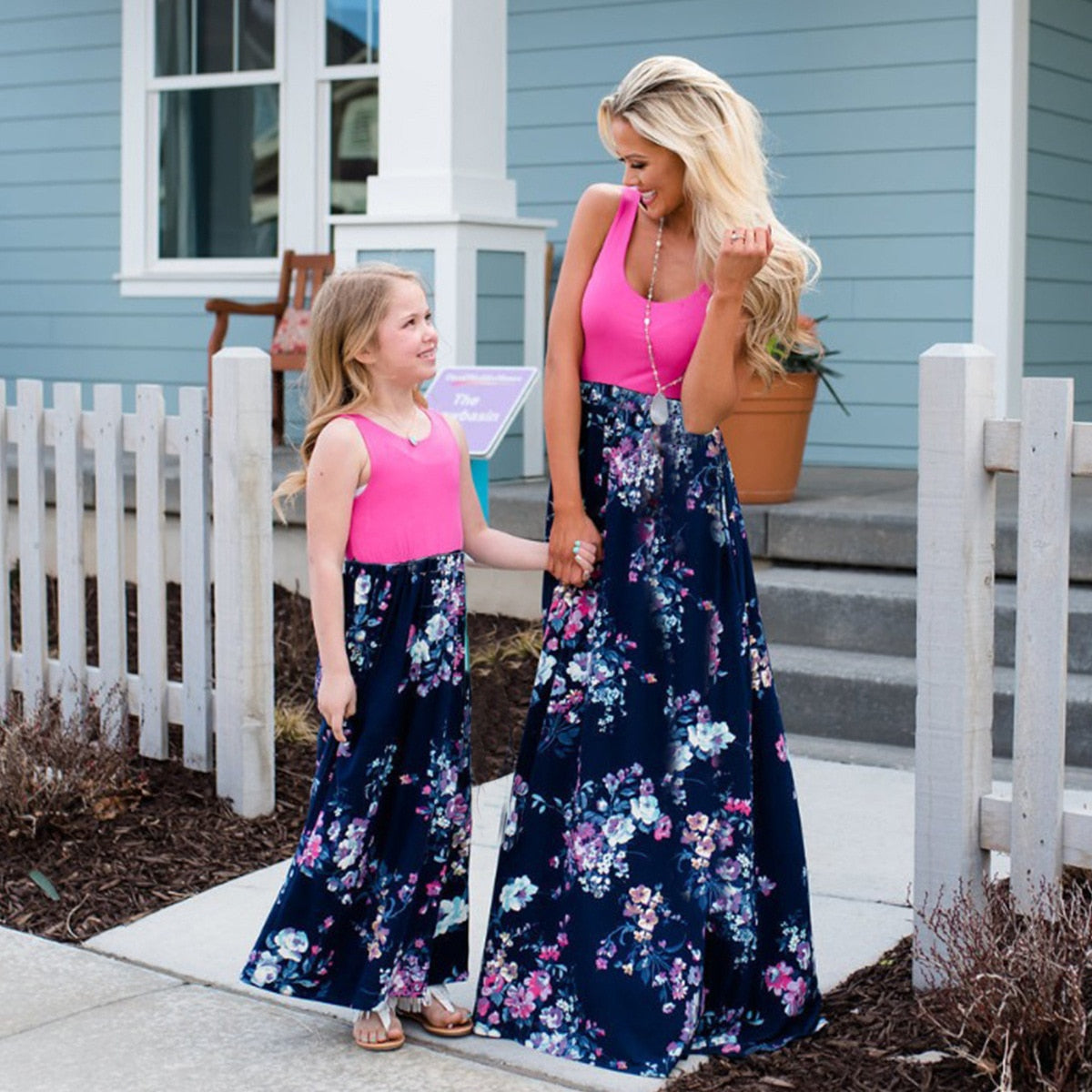 New Family Matching Maxi Tank Dress Summer Mom And Me Daughter Patchwork Floral Long Dresses For Women Mother Baby Girl Clothes 2216