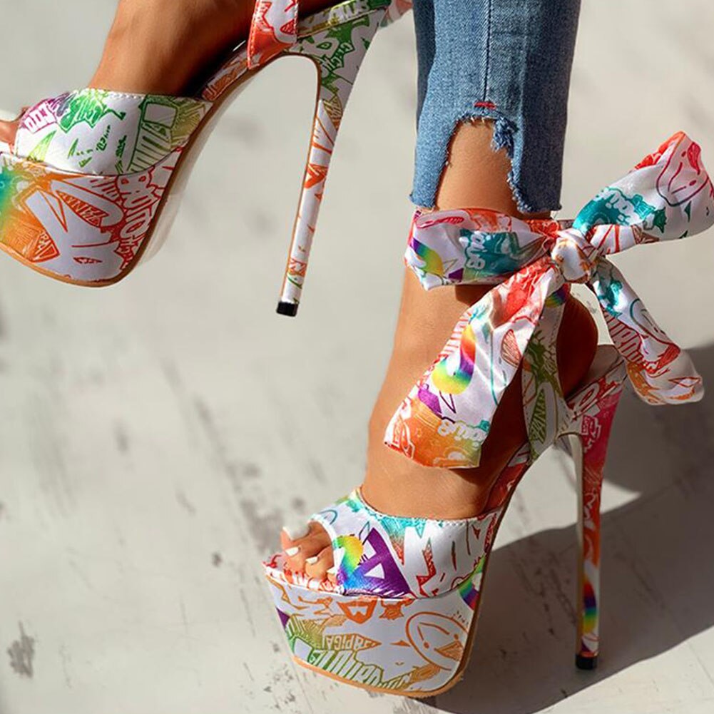 Sexy Shoes Print Super Thin High Heels Shoes Sandals Women Summer Party Platform Ankle-wrap Woman Sandals Female