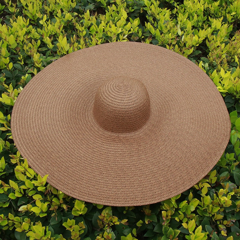 25CM Wide Brim Oversized Beach Hats For Women Large Straw Hat UV Protection Foldable Sun Shade Hat coffee