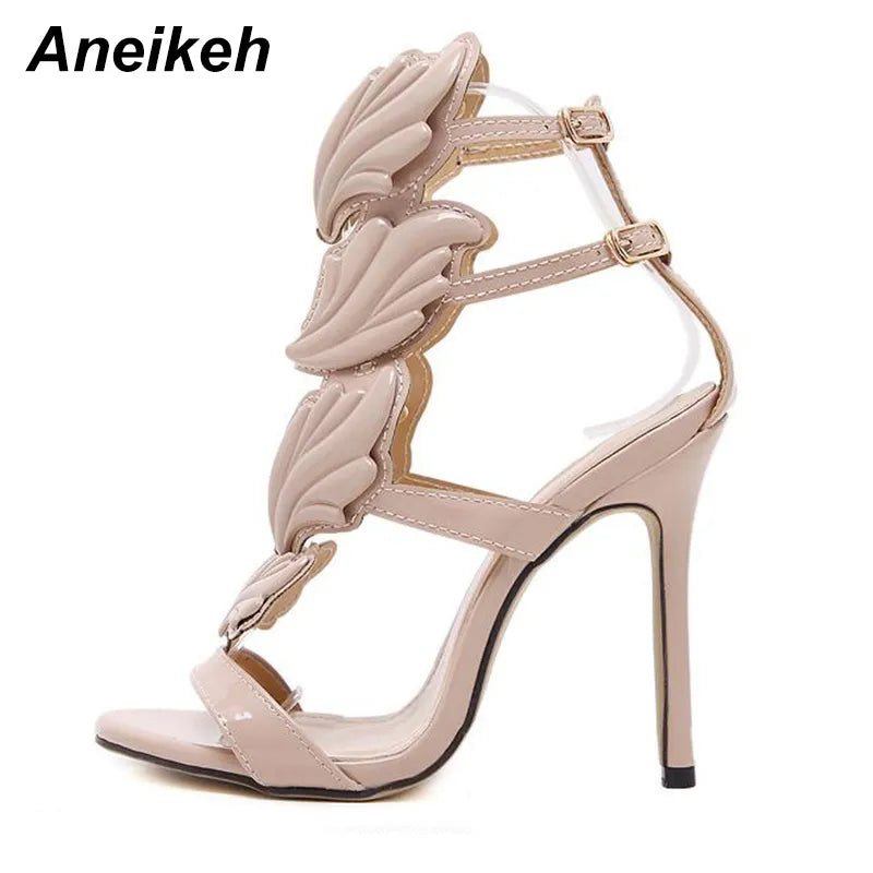 Aneikeh 2024 Patent Leather Sandalias De Las Mujeres TOTEM Women Shoe Party Fashion Buckle Strap Round Toe Thin Heels Size 35-42