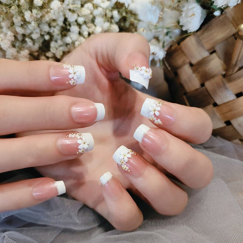 24pcs False Nails Floral Beads Decorated Artificial Nail Tips Bride Reusable Fingernails Fake Nail Press On Nail накладные ногти