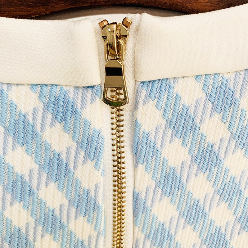 HIGH STREET Newest Fashion Fall Winter Designer Women's Short Sleeve Lion Buttons Color Block Plaid Tweed Dress