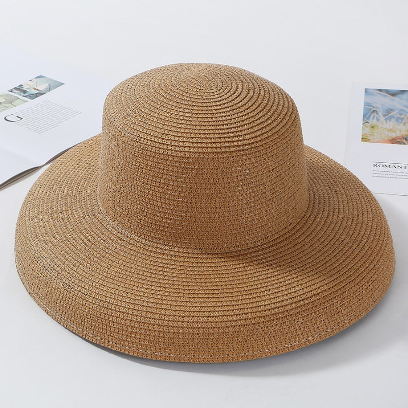 HT2303 New Summer Sun Hats Ladies Solid Plain Elegant Wide Brim Hat Female Round Top Panama Floppy Straw Beach Hat Women Coffee