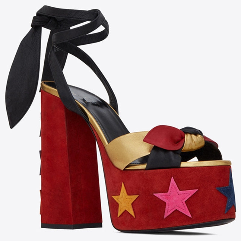 Women Sandals Summer Shoes Sexy Thick High Heels Platform 10 colors Dress Party Wedding Shoes Woman Pumps Bow love heels Color star