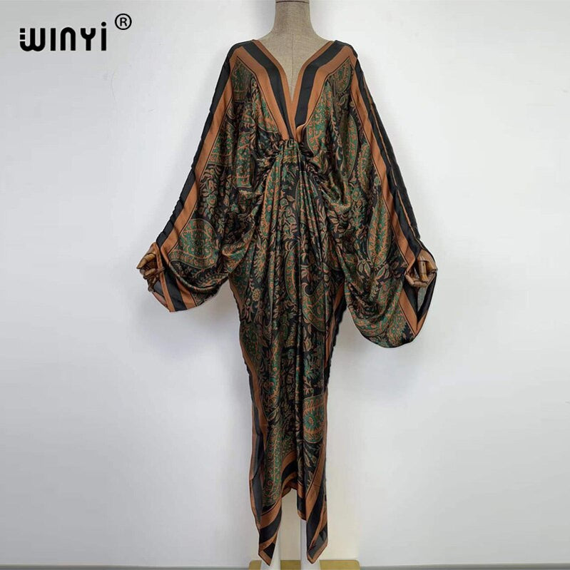 Sexy bech hand-rolled feel silk rayon fashion print Maxi Women's robes long beach V-neck Bohemian dress 15 One Size