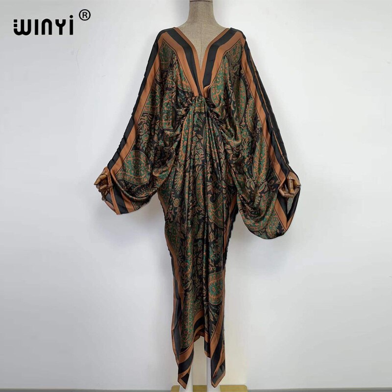 Sexy bech hand-rolled feel silk rayon fashion print Maxi Women's robes long beach V-neck Bohemian dress 15 One Size