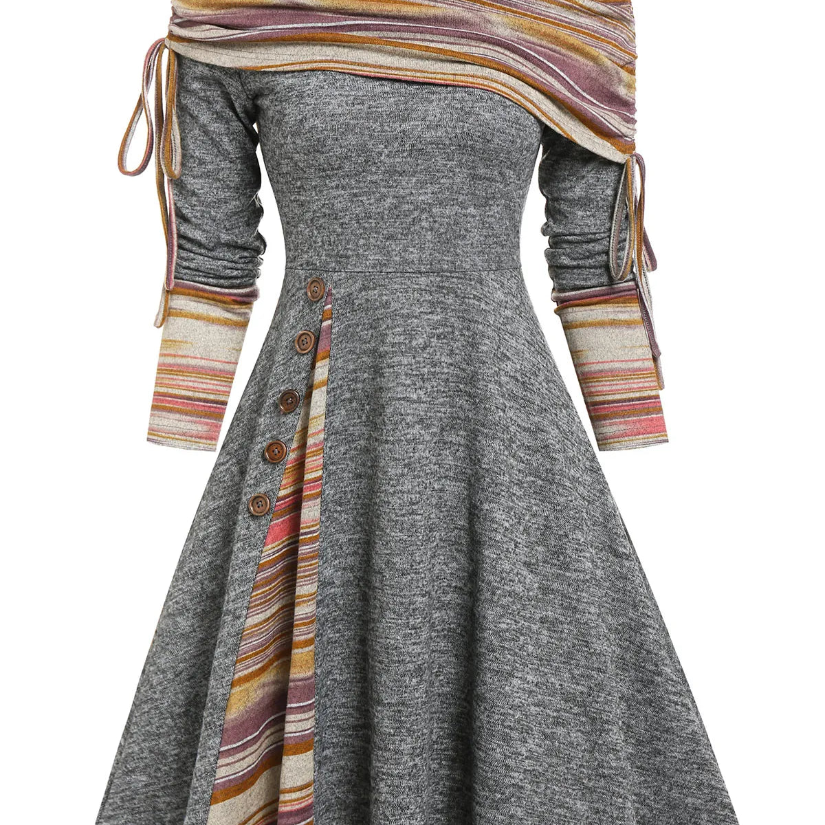 Convertible Cinched Striped Flare Dress Foldover Off The Shoulder Knitted Dresses Women Long Sleeve Jurken