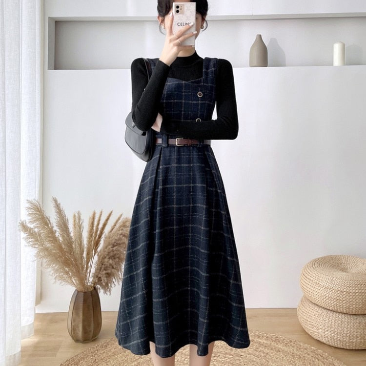Autumn Winter Lady fashion Overalls 2 Piece Set Dress Women black Knitted Sweater Top + Plaid Tweed Slim Big Swing Midi Dress