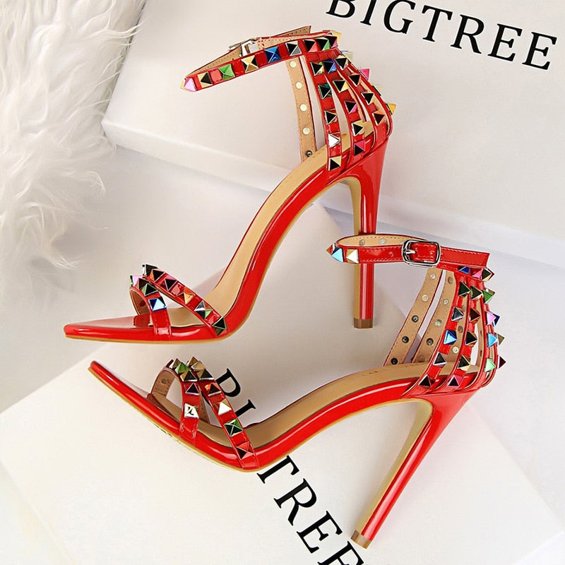 Shoes Color Rivets Women Sandals Roman Style Heeled Sandals Hollow Out High Heels Stiletto Sexy Party Shoes Sandals red