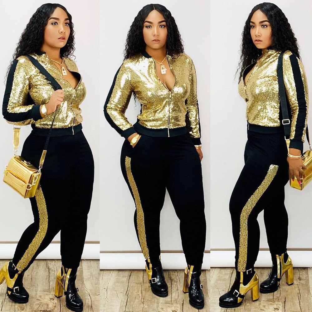 Autumn Winter Sequin 2 Piece Set Women Tracksuit Long Sleeve Jacket Top Pants Suit Streetwear Sparkly Matching Sets Club Outfits Gold