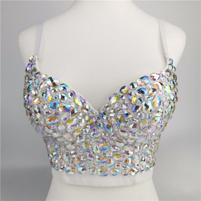 Mulheres AB Colorido Strass Bustier Crop Top Spaghetti Strap Push Up Corset Colete 