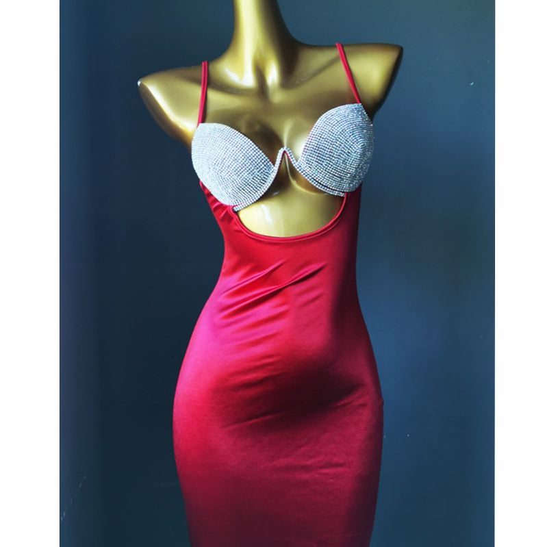 Push Up Sexy Women Dress Hand Made Rhinestone Suspender Skirt Elegant Slim Evening Dress