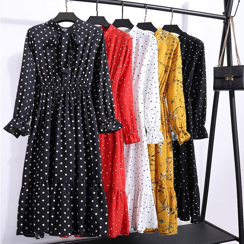 Plus Size Women's Clothing Long Sleeve Chiffon Shirt Dresses For Women Red Bow Floral Club Party Autumn Winter платье Woman