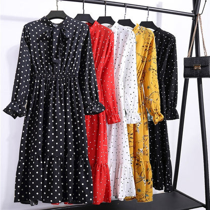 Plus Size Women's Clothing Long Sleeve Chiffon Shirt Dresses For Women Red Bow Floral Club Party Autumn Winter платье  Woman