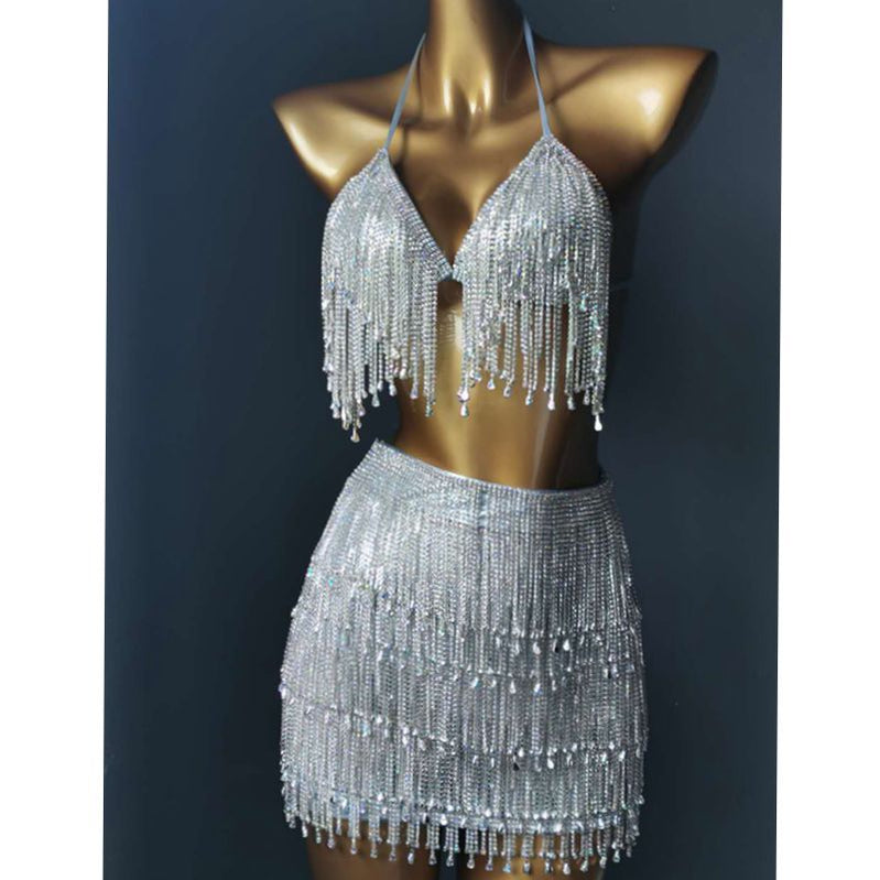Rhinestone Tassels Women Skirt High-End Customized Diamond Evening Dress Manual Stitched Crystal Party Bikini Set